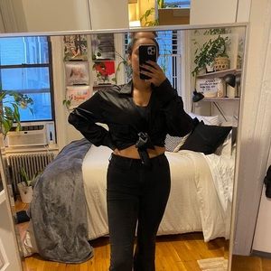 Black PLT satin button up blouse.